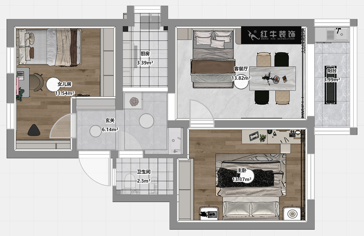仇美蓉｜太平桥南38号1-601-67㎡-简约风格｜2室1厅1卫｜老房装修｜定制家｜全包8万｜00_03平面彩图
